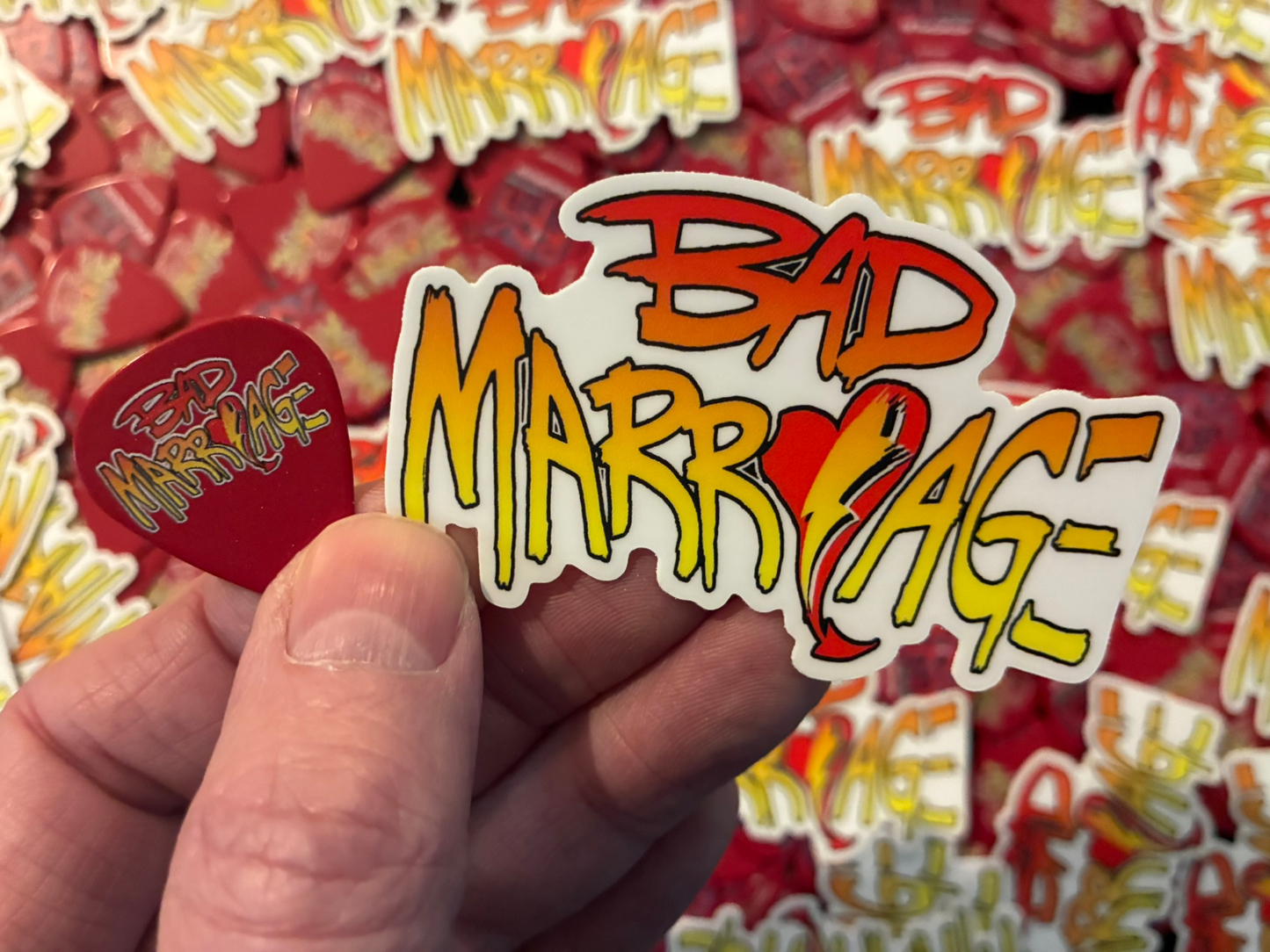 BAD MARRIAGE SOCIETY SPECIAL: Guitar Pick/Die Cut Sticker Combo